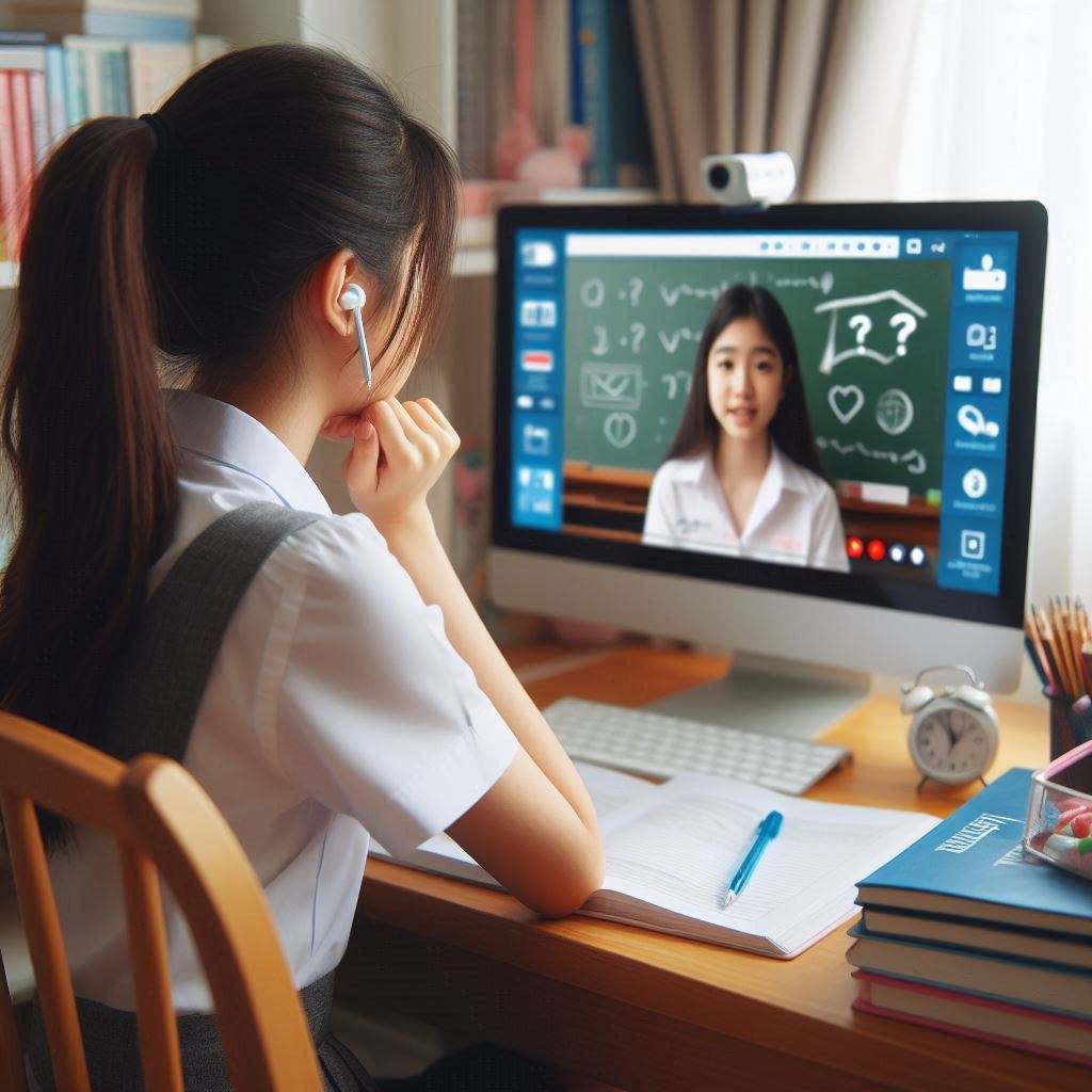 Student using video chat to interact with educational content on a PC