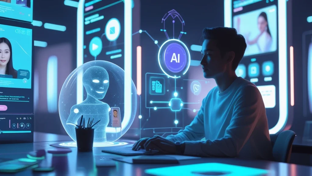 Illustration showing the evolution of ad creation from manual to AI-powered automation