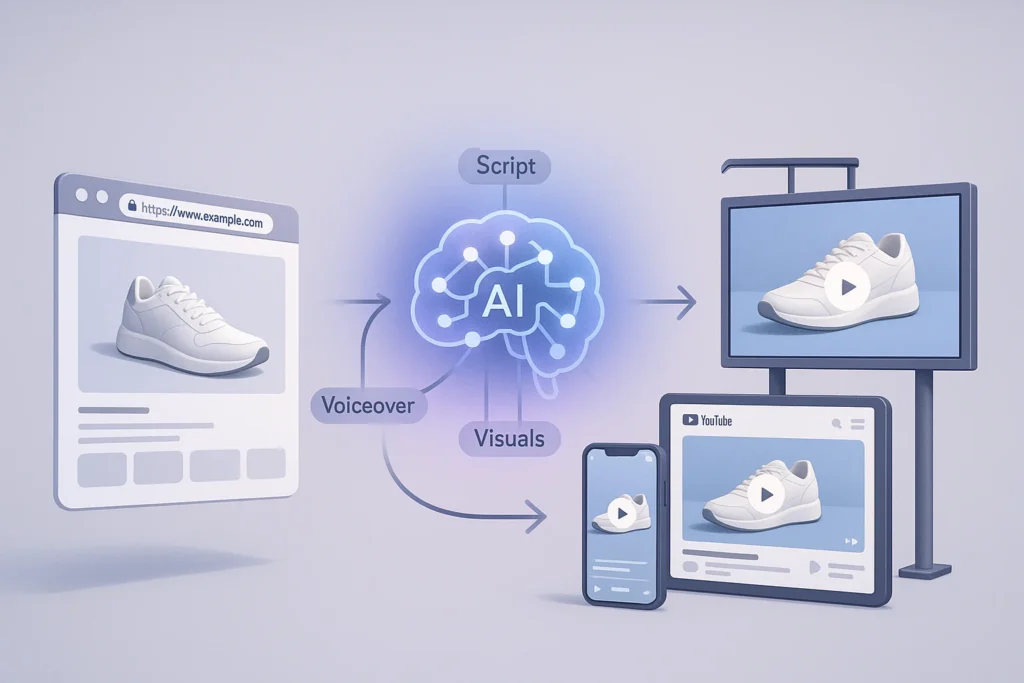 Screenshot or graphic of AI tool streamlining ad creation from product input to video output