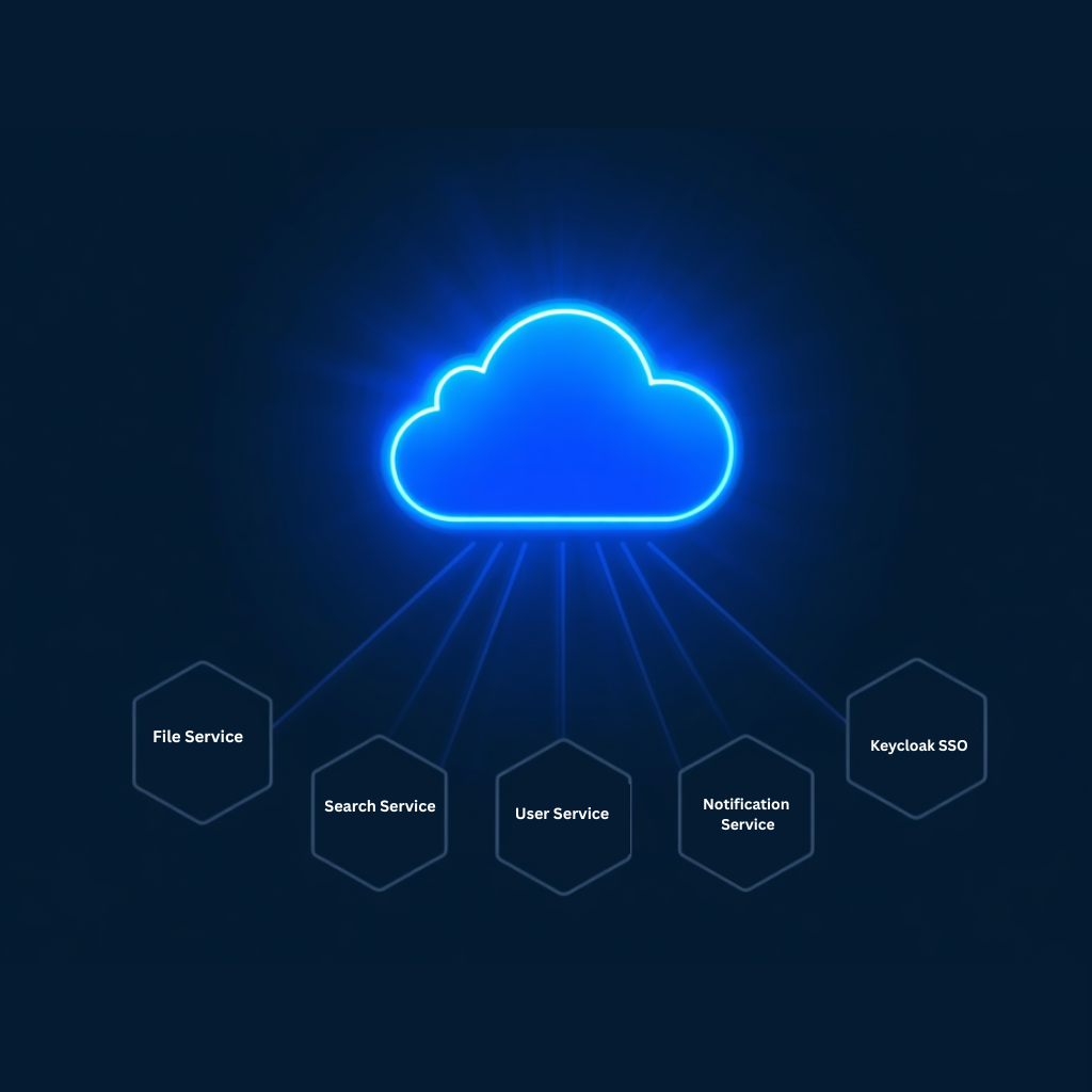 Cloud storage SaaS architecture diagram showing 6 microservices including SpiceDB, Keycloak SSO, and Elasticsearch on dark navy background