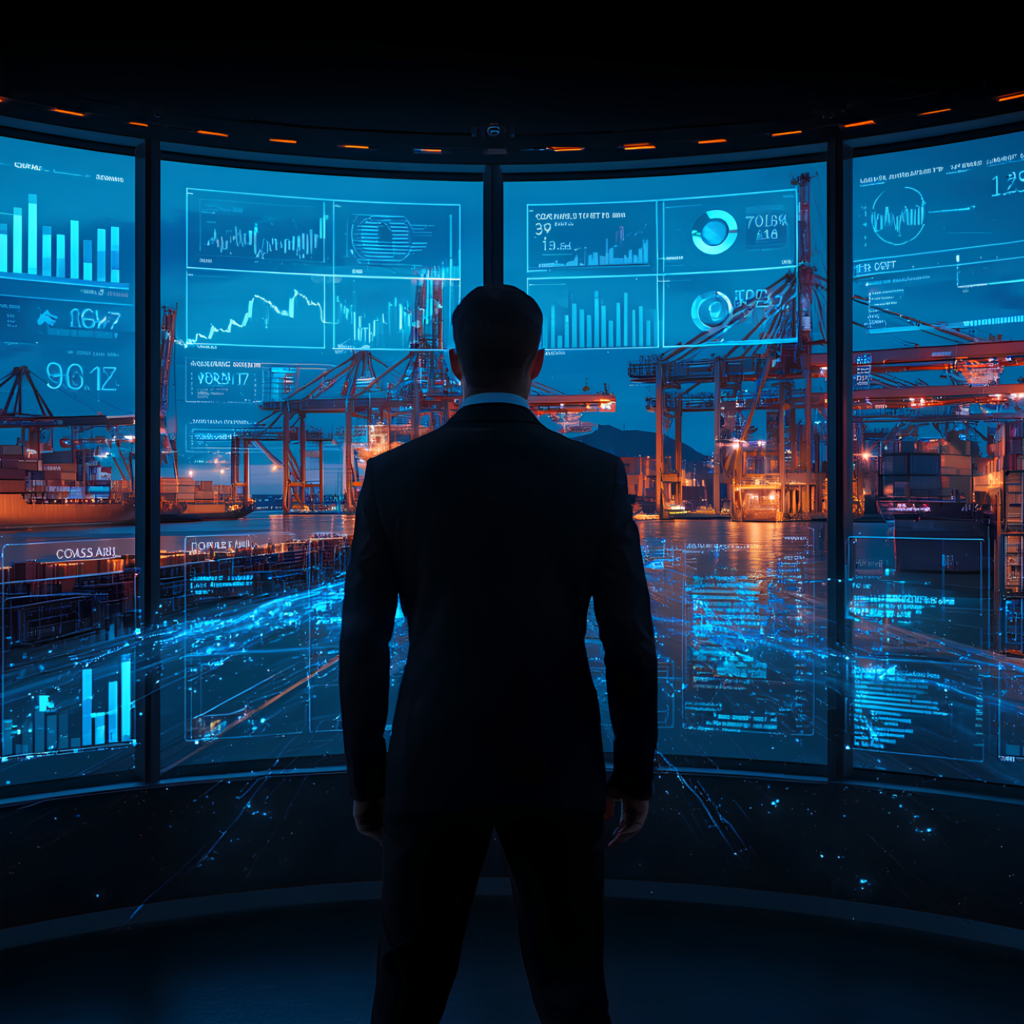 Digital dashboard displaying real-time logistics analytics with glowing data charts, connected to a shipping port with cargo containers and cranes, representing AI-powered data insights for supply chain operations